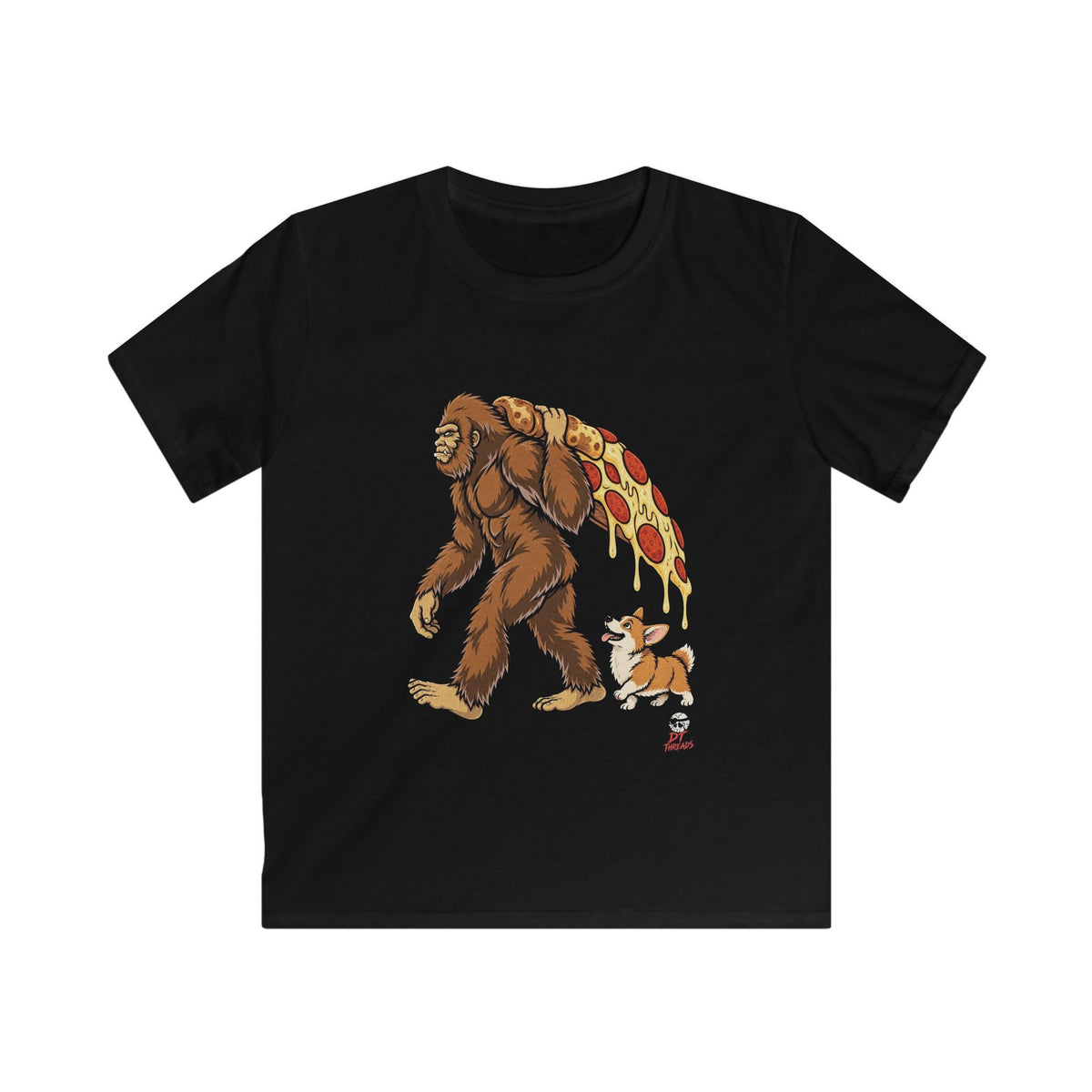 Kids T-Shirt - Bigfoot Pizza Walk  — Funny Corgi & Sasquatch Pizza Tee for Kids