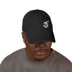 Embroidered Skull Bomb Dad Hat — Distressed Pirate Logo Denim Cap