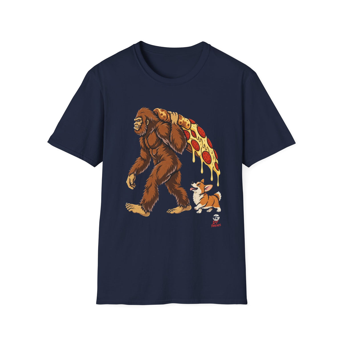 Bigfoot & Corgi Pizza Walk T-Shirt — Funny Sasquatch Pizza Graphic Tee