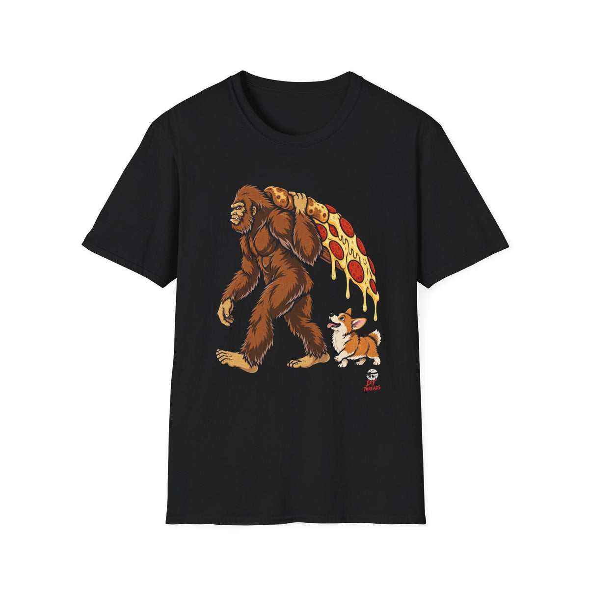 Bigfoot & Corgi Pizza Walk T-Shirt — Funny Sasquatch Pizza Graphic Tee