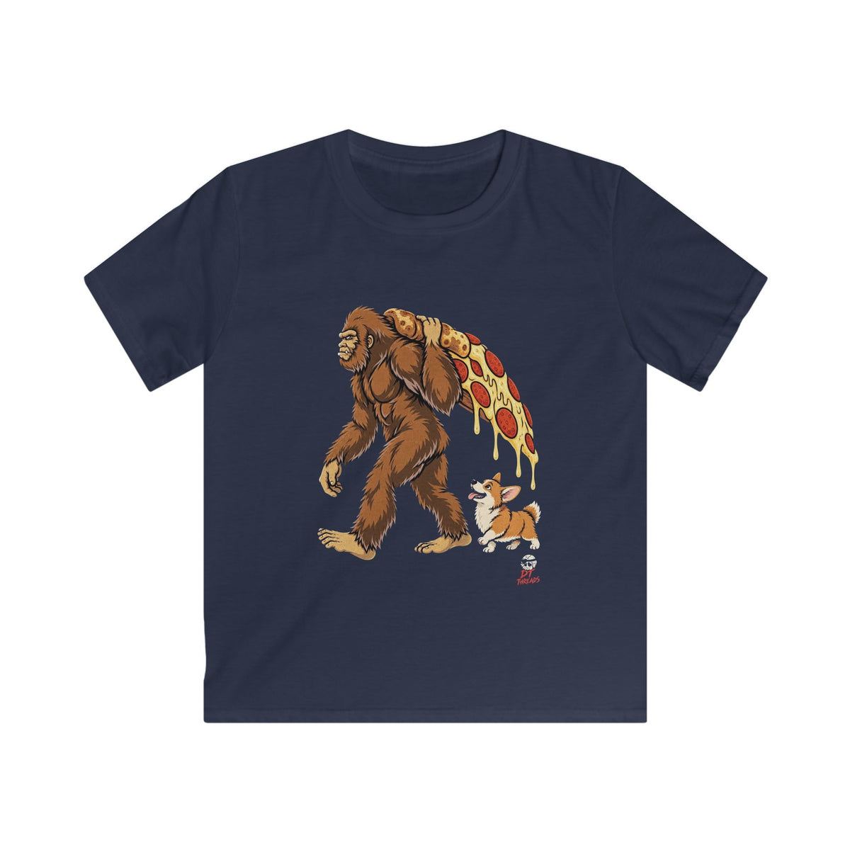 Kids T-Shirt - Bigfoot Pizza Walk  — Funny Corgi & Sasquatch Pizza Tee for Kids