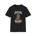 A black Trash Can T-Shirt with a graphic print on the front. The graphic features a smoking beer mug with a football and a skull and crossbones logo, accompanied by the text 'YOU CAN'T TREAT PEOPLE LIKE GARBAGE AND CALL YOURSELF DEVOUT'.