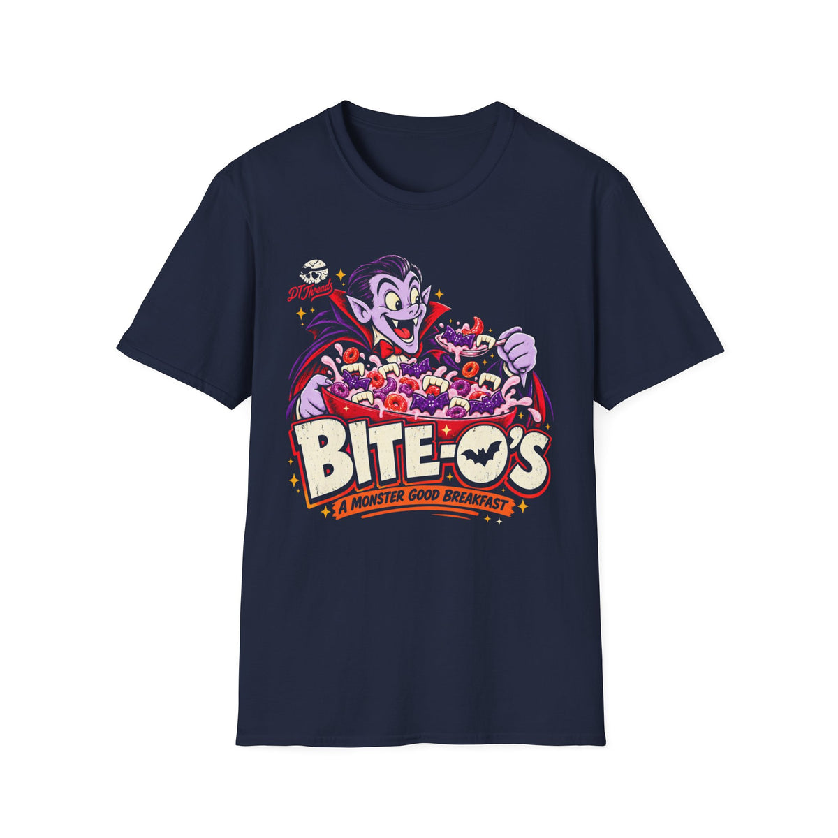 A navy blue vampire graphic tee featuring a colorful graphic of a vampire character eating a bowl of 'Bite-O's' breakfast cereal. The text 'BITE-O'S' is written in a bold, retro font, with 'A MONSTER GOOD BREAKFAST' underneath.