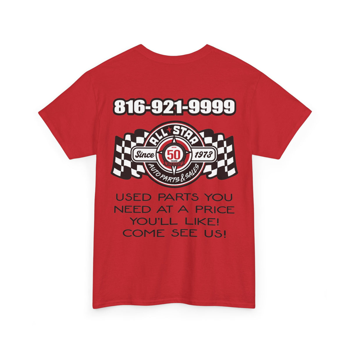 A red short-sleeve mechanic t-shirt with a large graphic print on the front. The graphic features the text '816-921-9999' in white, a central circular logo with '50' and 'All Star Auto Parts & Lube', checkered flags, and the text 'USED PARTS YOU NEED AT A PRICE YOU'LL LIKE! COME SEE US!' below.