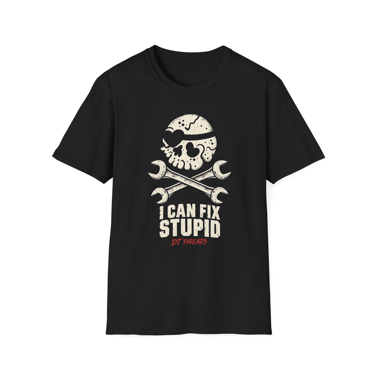 Mechanic Skull T-Shirt — "I Can Fix Stupid" Wrench Graphic Tee