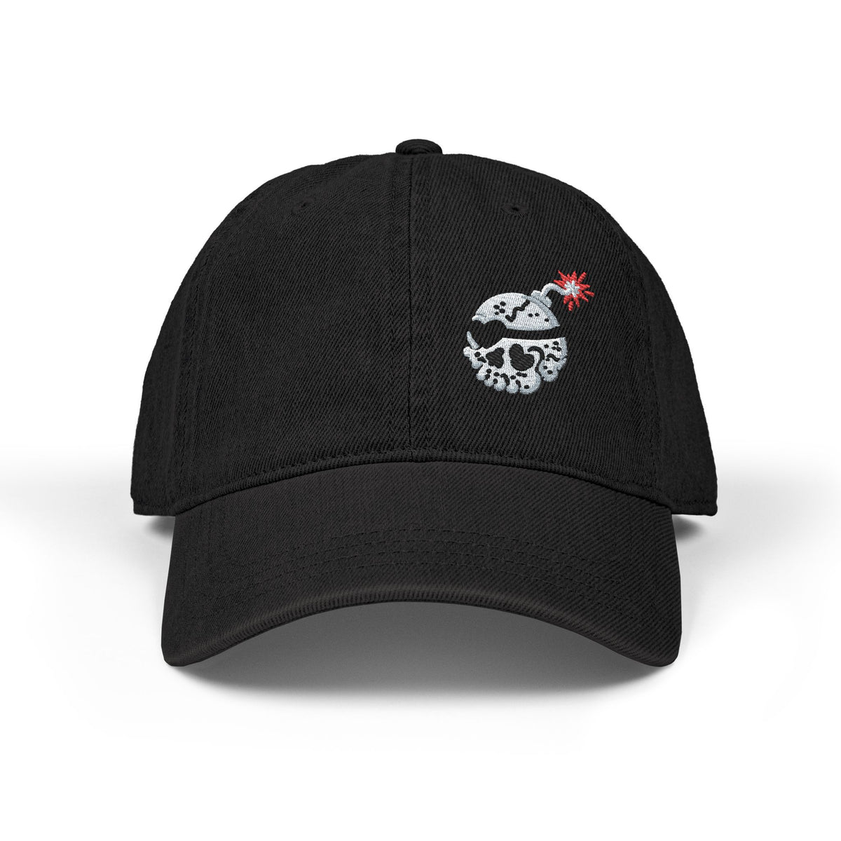 Embroidered Skull Bomb Dad Hat — Distressed Pirate Logo Denim Cap