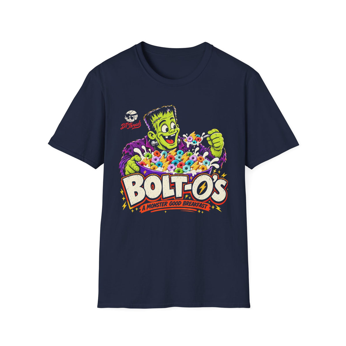 A navy blue Halloween monster shirt featuring a colorful graphic of a green monster character eating a bowl of multicolored cereal, with the text 'BOLT-O'S' and 'A MONSTER GOOD BREAKFAST' printed below.
