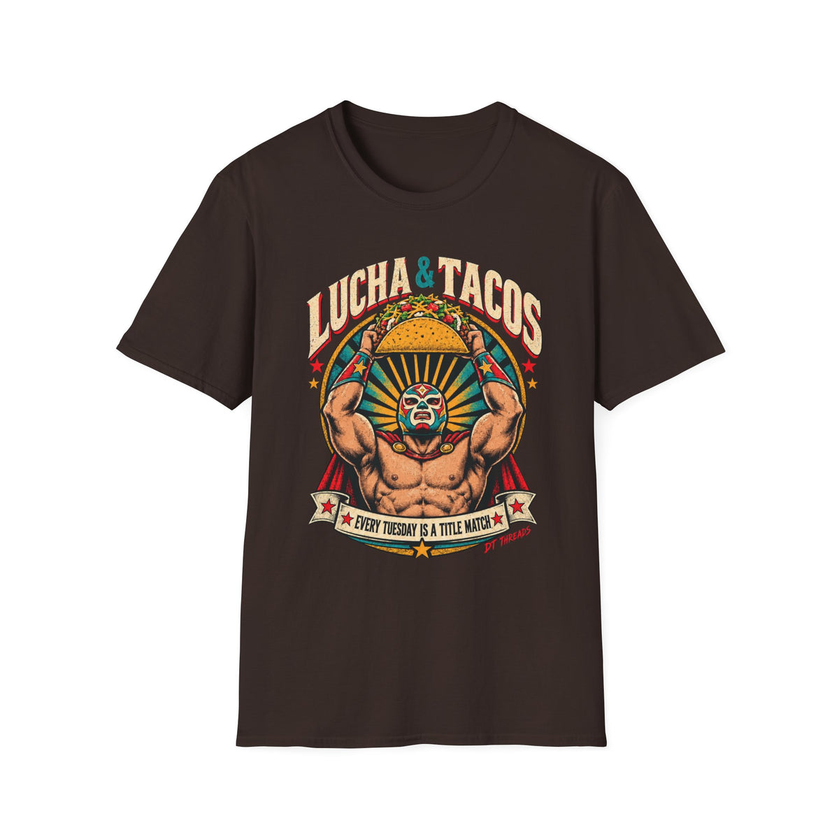 Lucha & Tacos T-Shirt — Retro Wrestling Mask & Taco Design