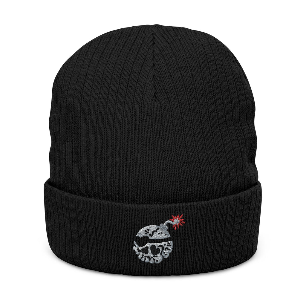 Embroidered Skull Bomb Variant Beanie — Ribbed Knit Cuffed Winter Hat