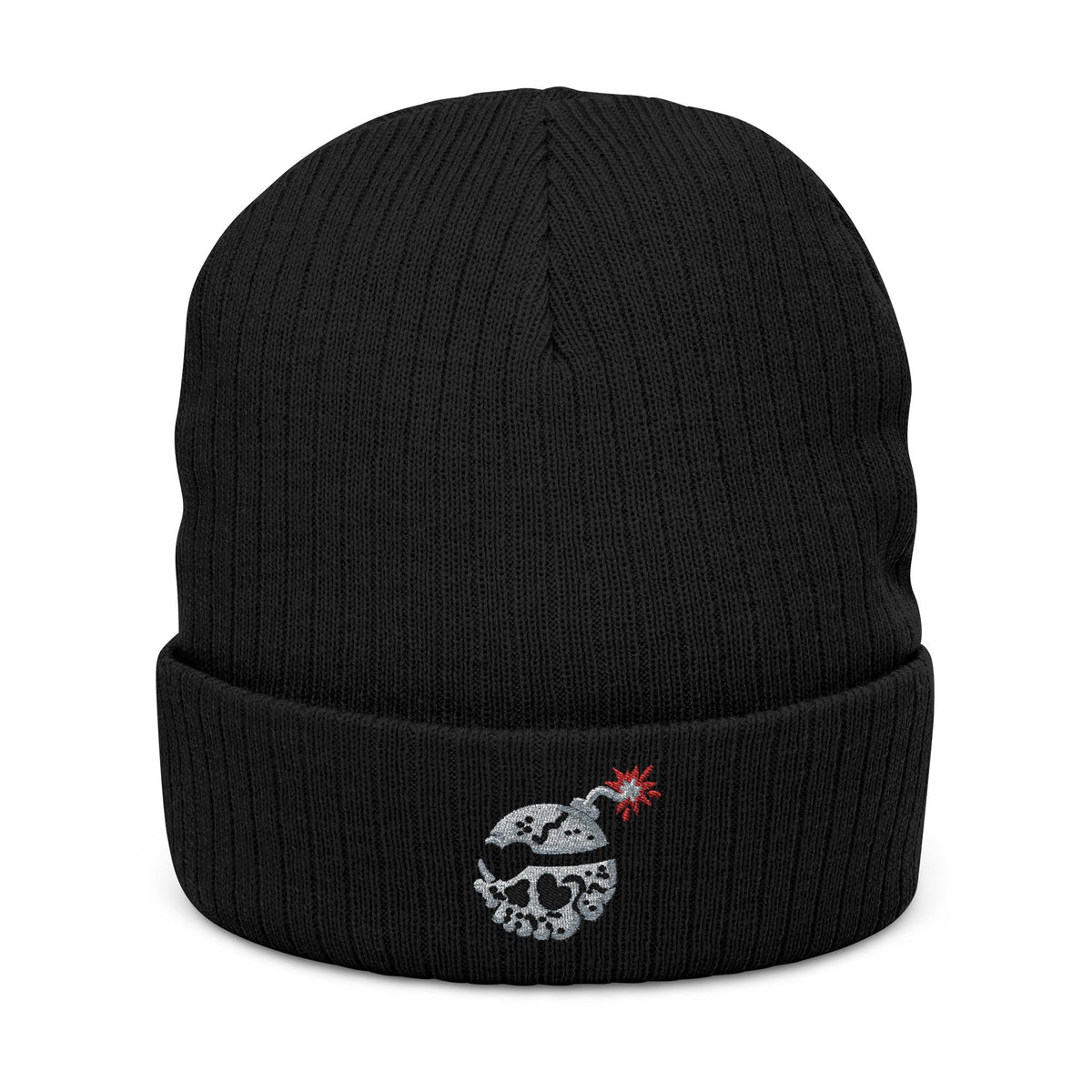 Embroidered Skull Bomb Variant Beanie — Ribbed Knit Cuffed Winter Hat