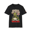 Zombies Eat Brains Funny Halloween T-Shirt — Don’t Worry You’re Safe Graphic Tee